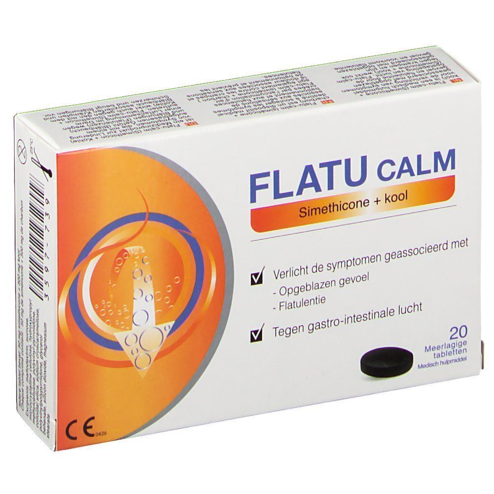 Boîte de Flatucalm avec Simeticone + charbon, 20 comprimés. Marquage CE. Face avant avec informations produit.