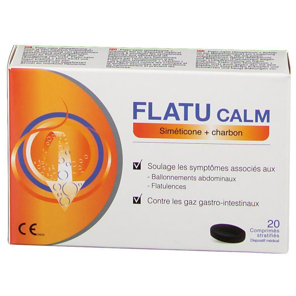 Boîte de Flatucalm avec Simeticone + charbon, 20 comprimés. Marquage CE. Face avant avec informations produit.