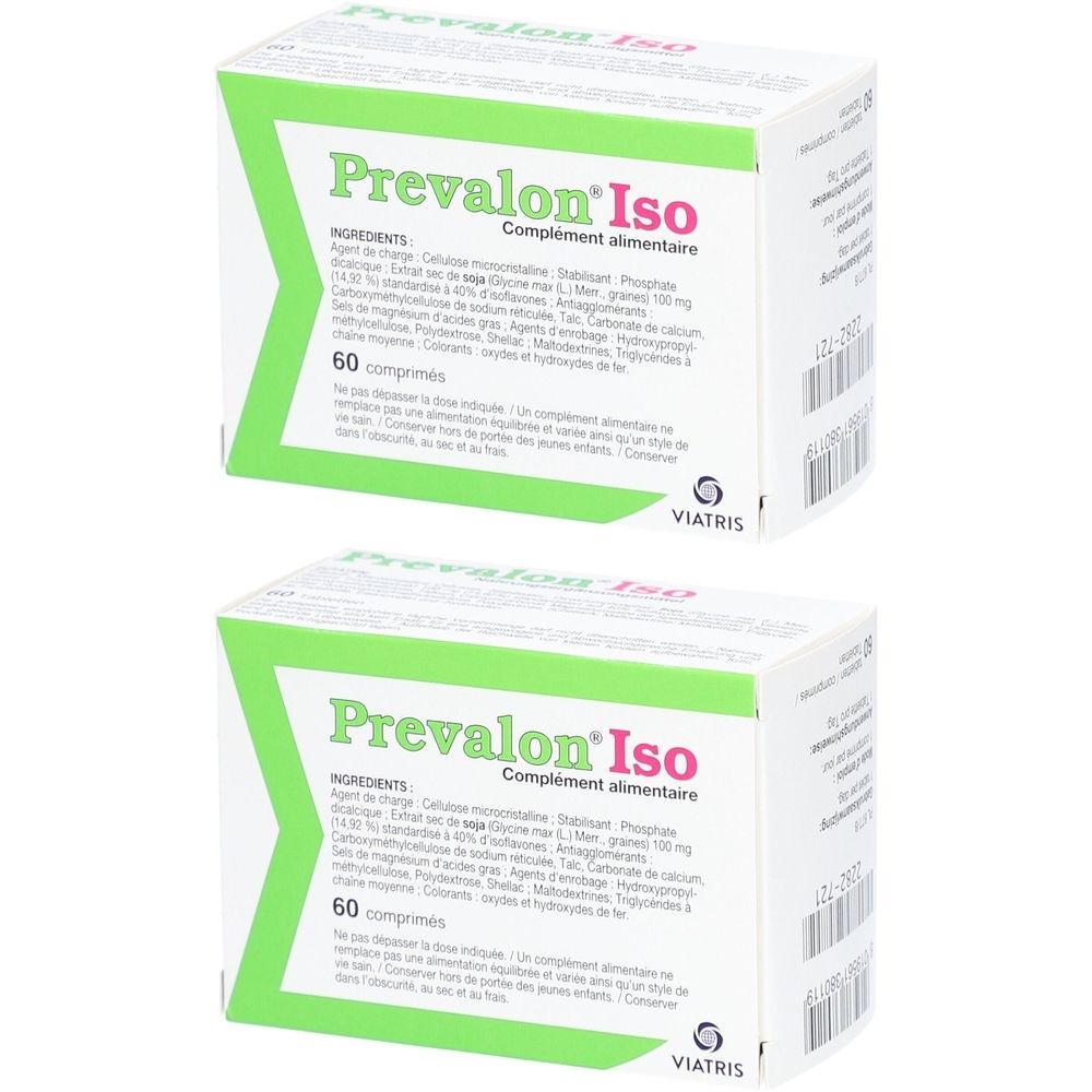 Deux boîtes de Prevalon® Iso. Boîtes blanches avec accents verts. Inscription : Prevalon® Iso, 60 comprimés. Logo Viatris.