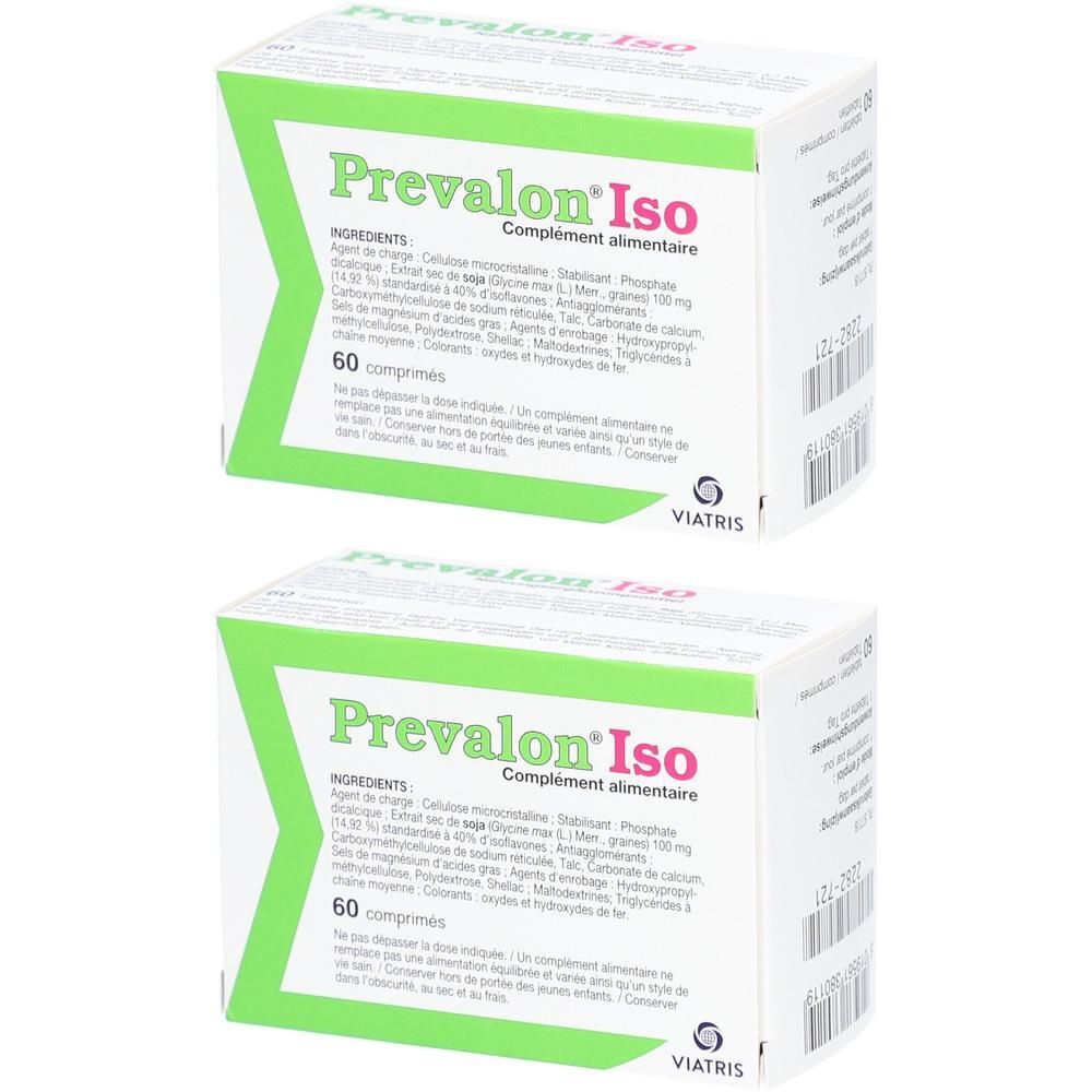 Deux boîtes de Prevalon® Iso. Boîtes blanches avec accents verts. Inscription : Prevalon® Iso, 60 comprimés. Logo Viatris.