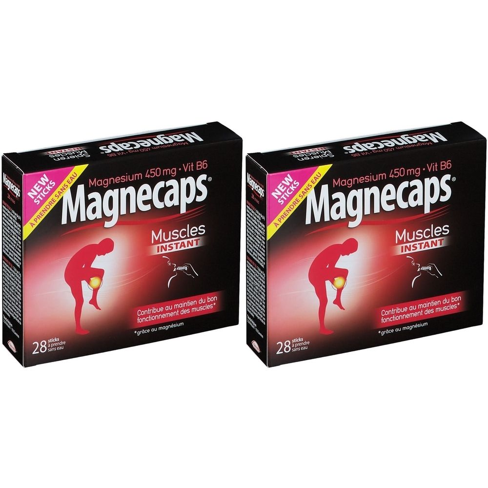 Deux boîtes de Magnecaps Muscles. Inscription : Magnésium 450mg, Vit B6. Avec autocollant 1+1 GRATUIT. 28 sticks par boîte.