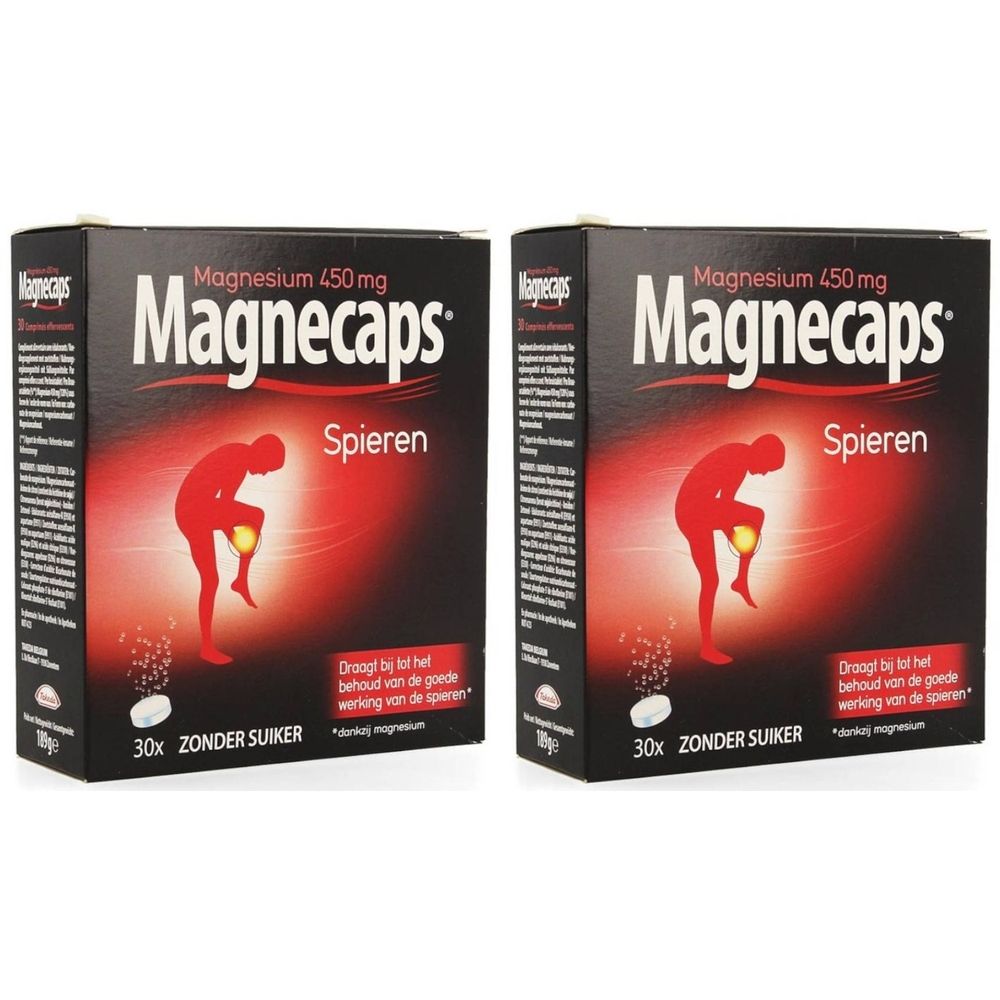 Deux boîtes de Magnecaps, offre 1+1 gratuite. Inscription : Magnesium 450 mg, Spieren. Illustration d'une personne avec douleur à la jambe.