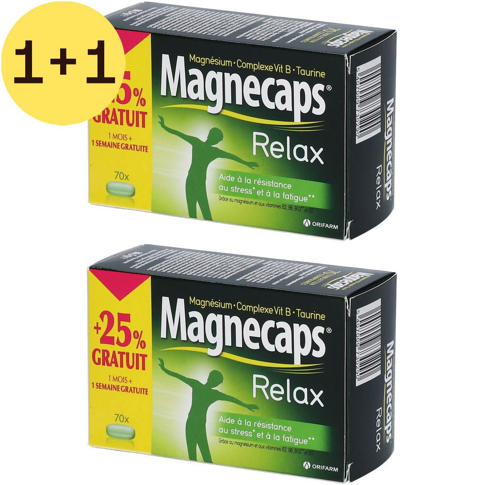 Deux boîtes de Magnecaps Relax. Emballage noir avec des accents verts et jaunes. Texte: Magnecaps Relax, +25% gratuit.