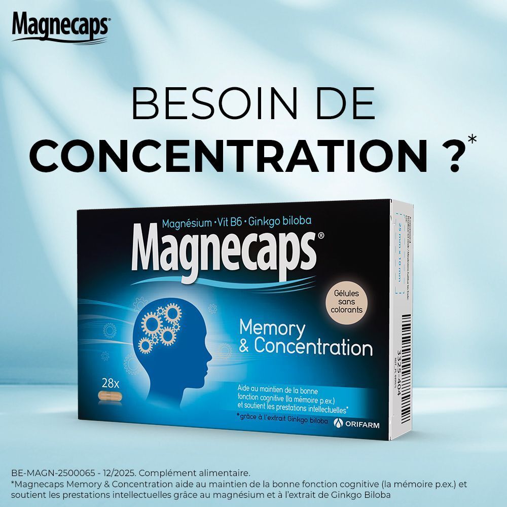 Boîte de MAGNECAPS® Memory & Concentration. Inscription : BESOIN DE CONCENTRATION ? Contient magnésium, vitamine B6, ginkgo biloba.
