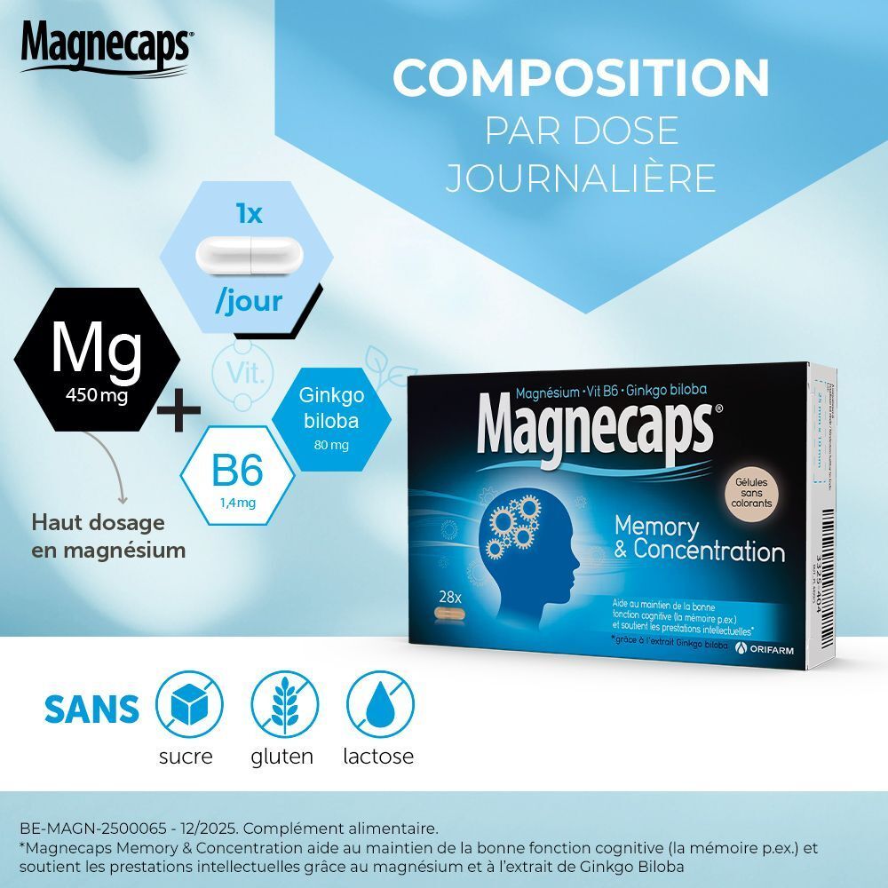 Composition par dose journalière. Boîte MAGNECAPS® Memory & Concentration. Contient magnésium, vitamine B6, ginkgo biloba.