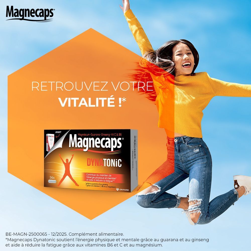 Boîte de MAGNECAPS® Dynatonic. Inscription : Besoin d'énergie ? Emballage noir avec design rouge et jaune.