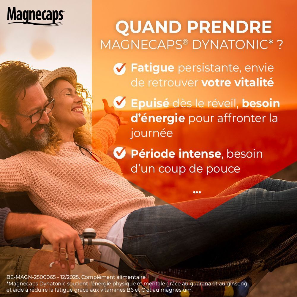 Boîte de MAGNECAPS® Dynatonic. Inscription : Retrouvez votre vitalité ! Emballage noir avec design rouge et jaune.