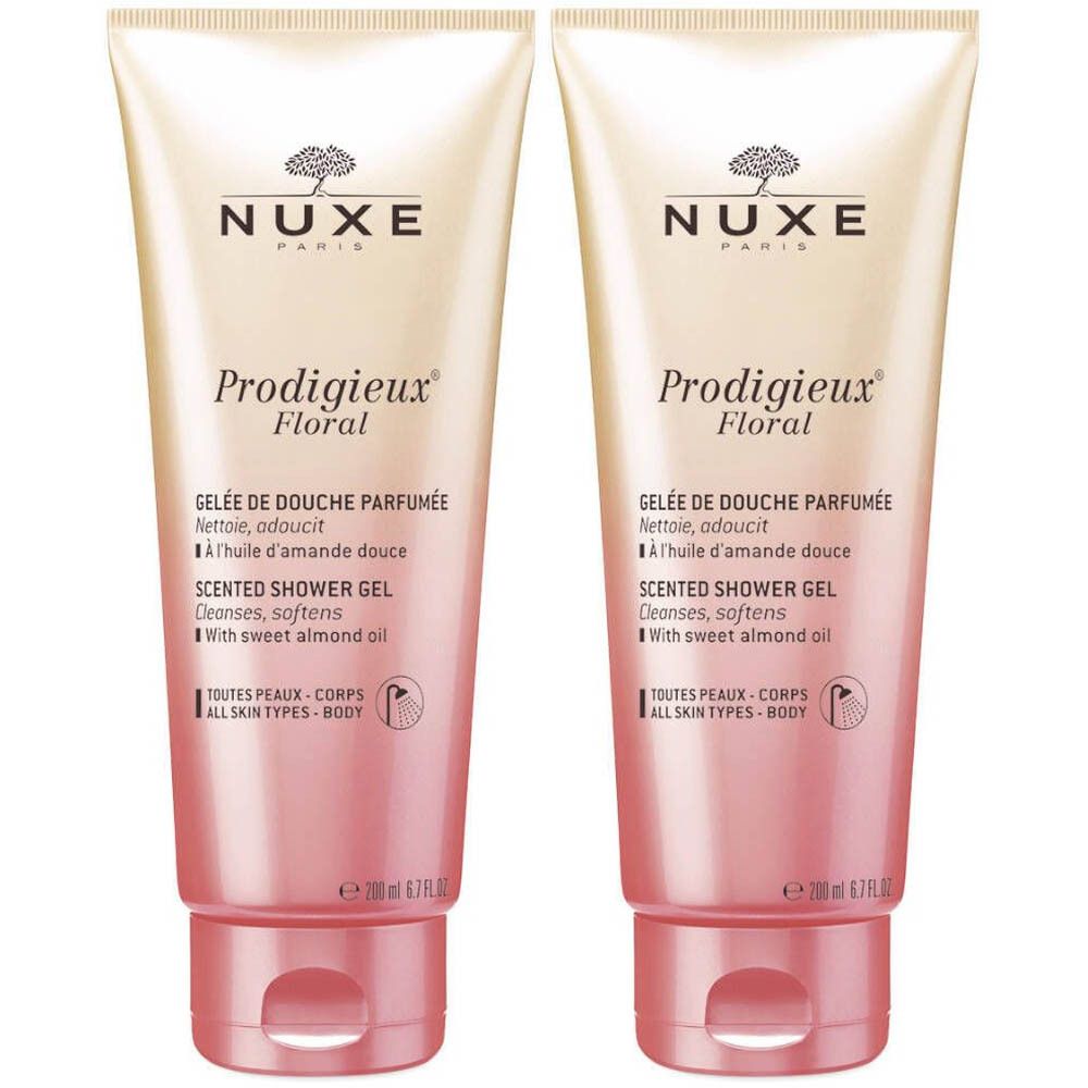 Deux tubes de gel douche Nuxe Prodigieux Floral. Texte: Gelée de Douche Parfumée. Étiquette 1+1 gratuit.