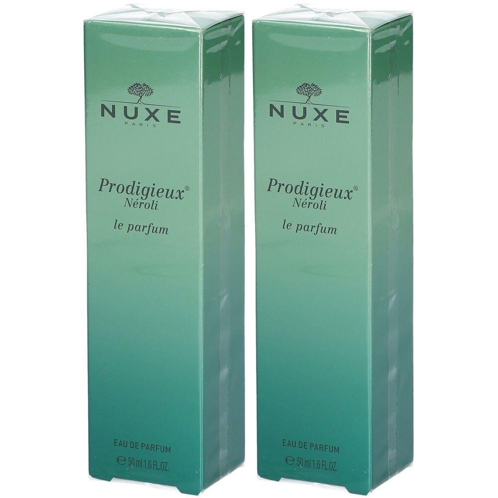 Deux boîtes vertes. NUXE PARIS en haut. En dessous: Prodigieux Néroli le parfum. Eau de Parfum.