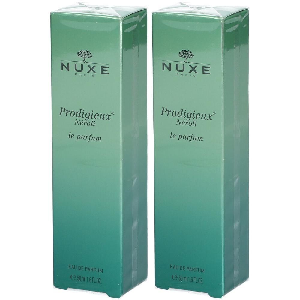 Deux boîtes vertes. NUXE PARIS en haut. En dessous: Prodigieux Néroli le parfum. Eau de Parfum.