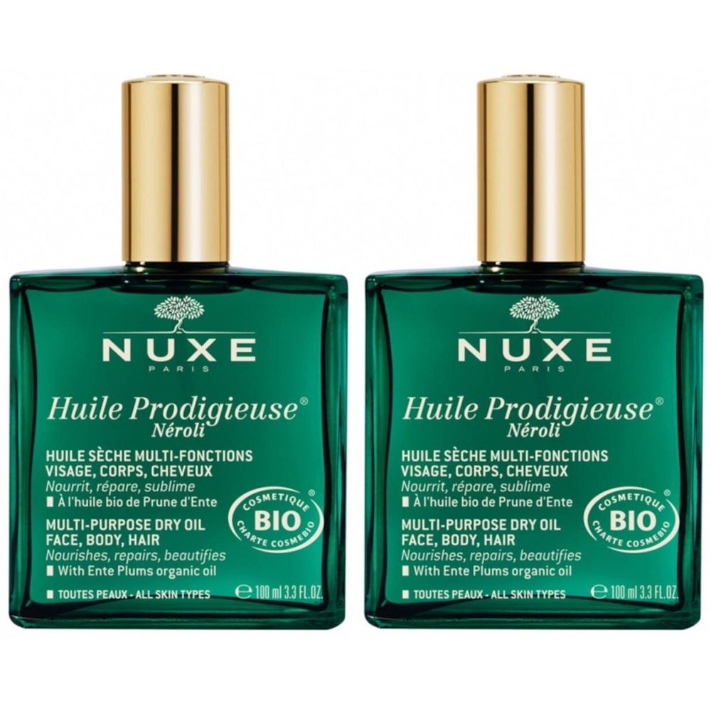 Deux flacons verts avec bouchons dorés. Inscription : NUXE Huile Prodigieuse® Neroli Bio. Huile sèche multi-fonctions.