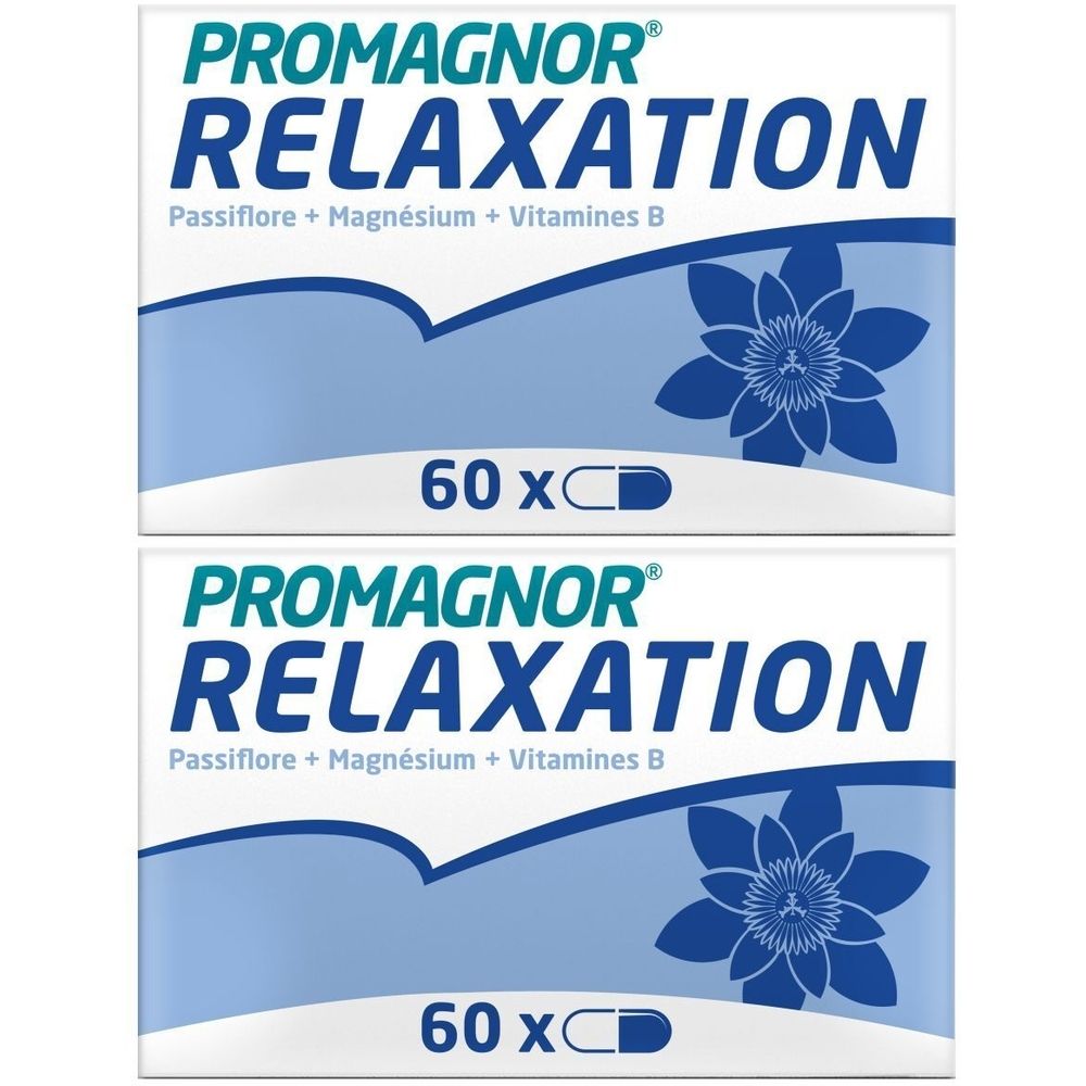 Deux boîtes PROMAGNOR Relaxation avec 60 gélules. Inscription: Passiflore + Magnésium + Vitamines B. Étiquette jaune 1+1 GRATUIT.