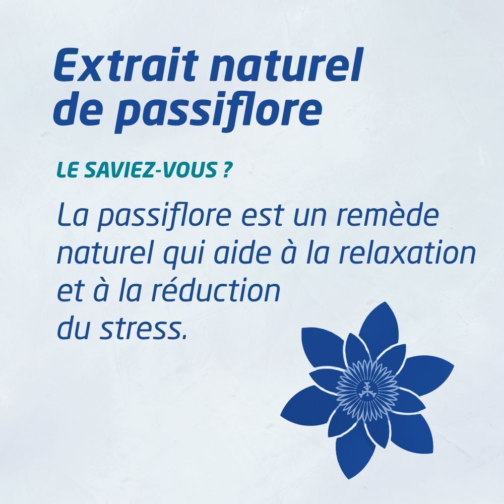 Texte : Extrait naturel de passiflore. Fleur bleue. Texte : La passiflore est un remède naturel qui aide à la relaxation et à la réduction du stress.
