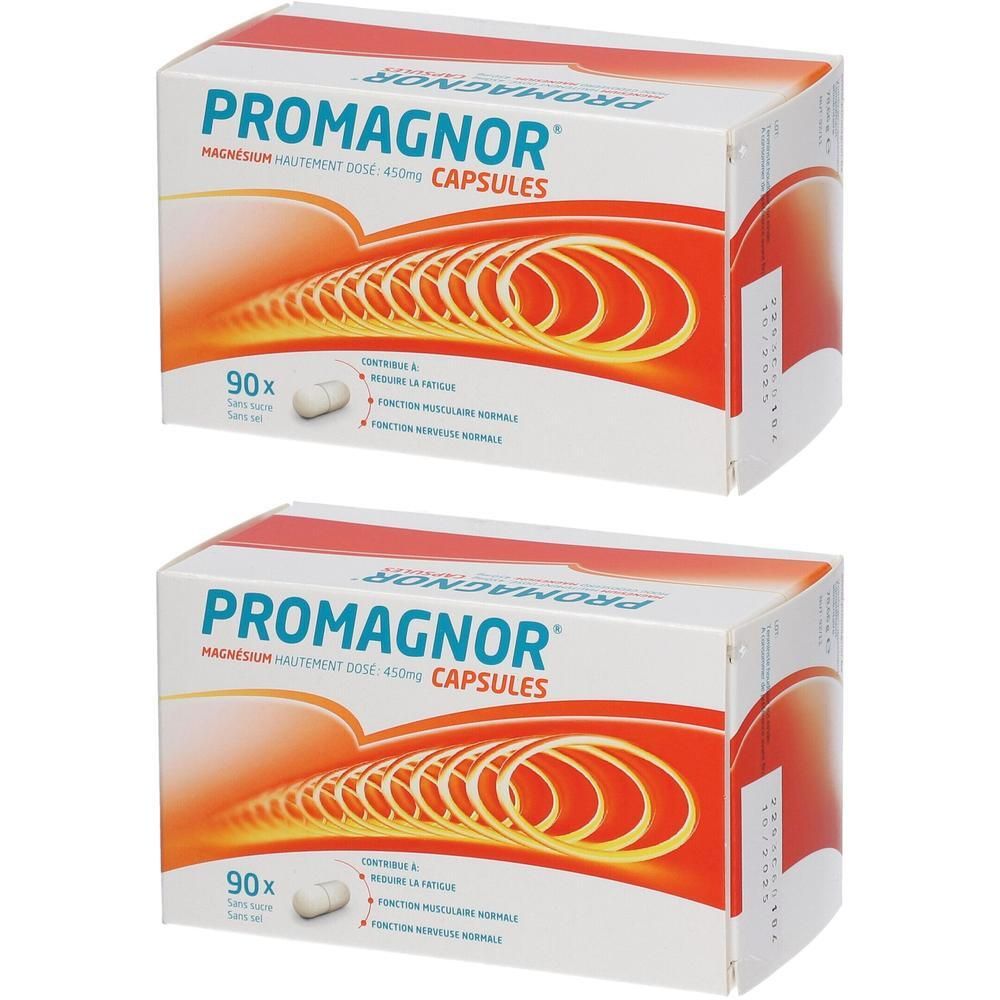 Deux boîtes de Promagnor Capsules, 90 capsules par boîte.