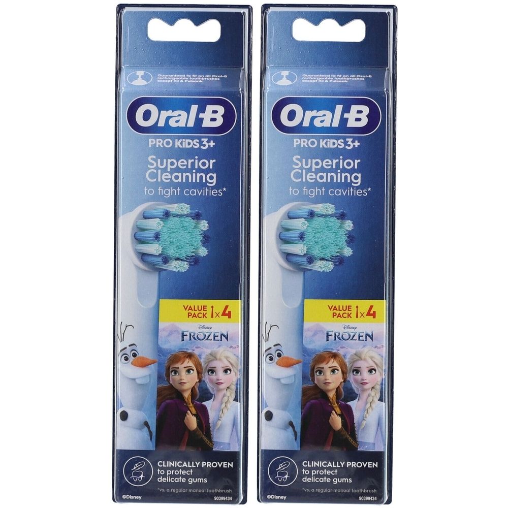 Deux paquets de têtes de brosse à dents Oral-B Pro Kids 3+. Emballage avec motif Frozen. Offre 1+1 gratuit.