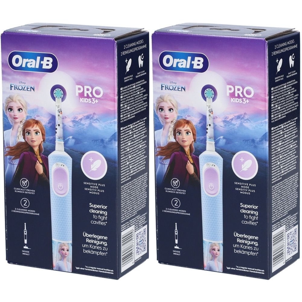 Deux boîtes de brosses à dents Oral-B Pro Kids 3+ La Reine des Neiges. Images d'Elsa et Anna. Offre 1+1. Brosse à dents bleue.