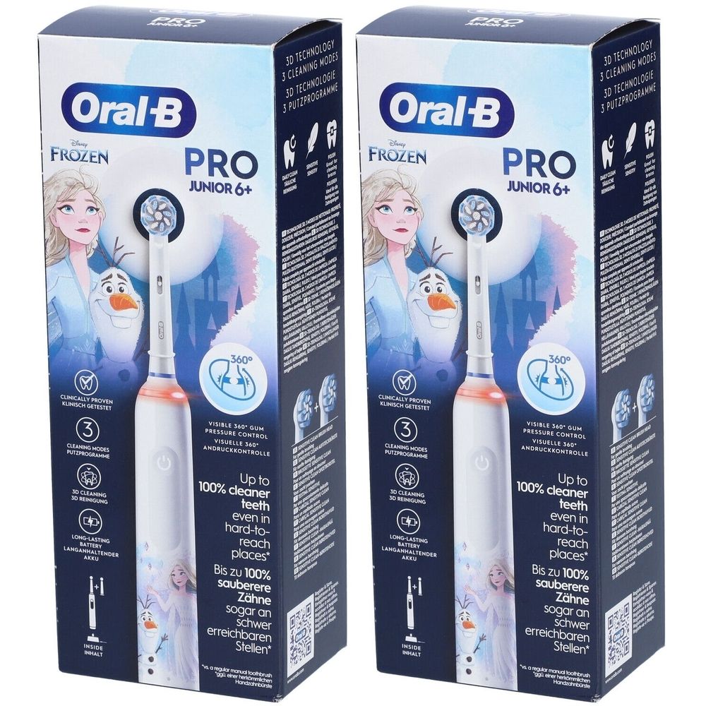 Deux brosses à dents électriques Oral-B Pro Junior 6+ en boîte. Inscription : Frozen, Olaf, 3 modes de nettoyage, technologie 3D.