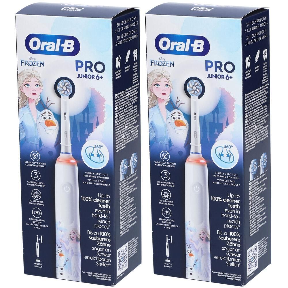 Deux brosses à dents électriques Oral-B Pro Junior 6+ en boîte. Inscription : Frozen, Olaf, 3 modes de nettoyage, technologie 3D.