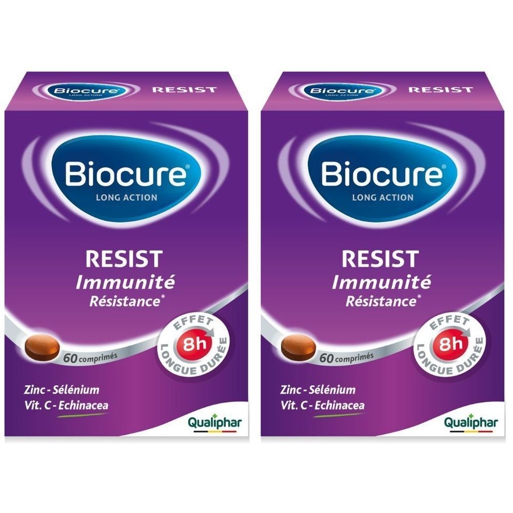 Deux boîtes Biocure Resist. Boîtes violettes avec logo et texte blancs. Contient 60 comprimés. Logo Qualiphar.