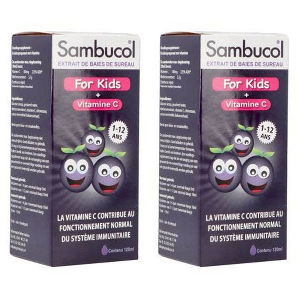 Deux boîtes avec un design violet. Inscription: Sambucol For Kids + Vitamine C. Illustrations de baies violettes. Pour enfants 1-12 ans.