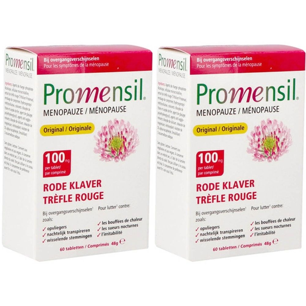 Deux boîtes de Promensil Ménopause. Emballage rouge et blanc avec nom du produit et illustration de trèfle. Contient 100 comprimés.