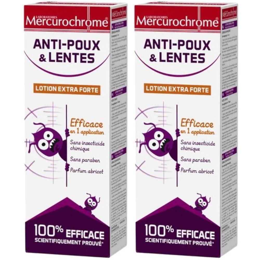 Emballage Mercurochrome Anti-Poux & Lentes. Blanc, accents violets. Texte: Anti-Poux & Lentes, Lotion Extra Forte, efficace en 1 application.