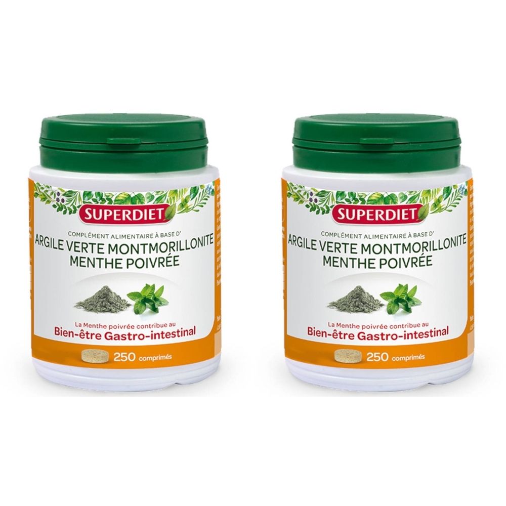 Deux flacons SUPER DIET. Bouchon vert, contenant blanc, étiquette avec informations et illustrations.