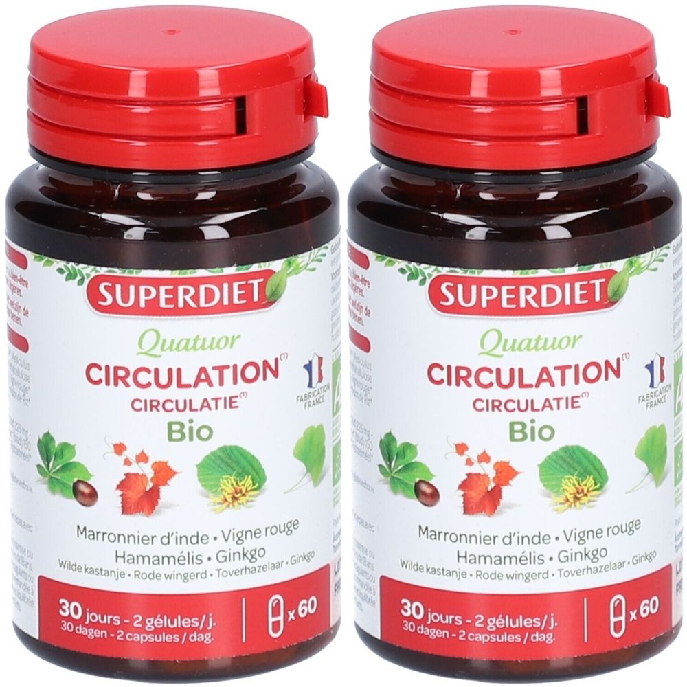 Deux flacons bruns, bouchons rouges. Inscription: Superdiet Quatuor Circulation Bio, 60 gélules. Illustration de plantes.