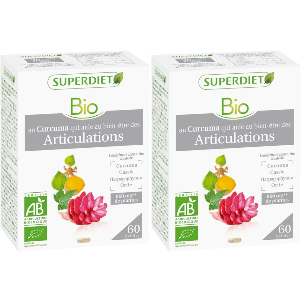 Deux boîtes Super Diet Bio. Inscription: au Curcuma qui aide au bien-être des Articulations. Avec label AB-Bio et 60 gélules.