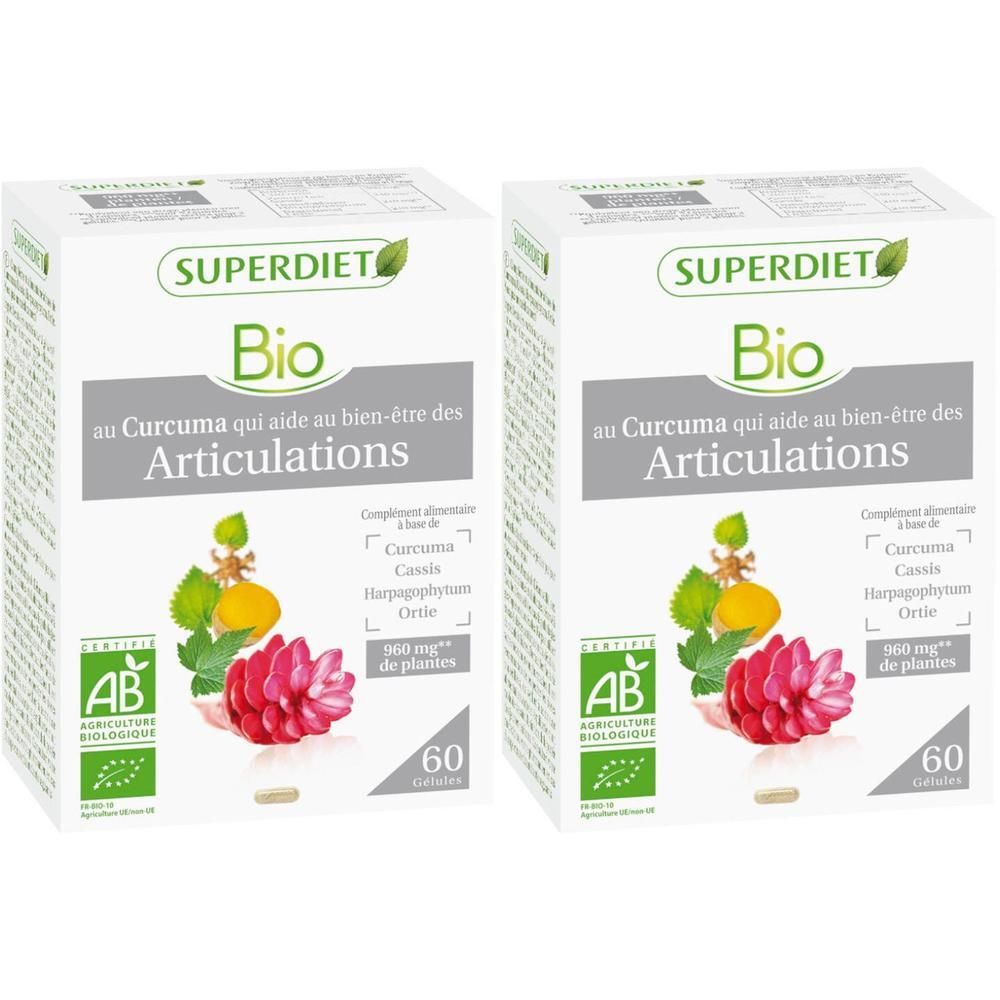 Deux boîtes Super Diet Bio. Inscription: au Curcuma qui aide au bien-être des Articulations. Avec label AB-Bio et 60 gélules.
