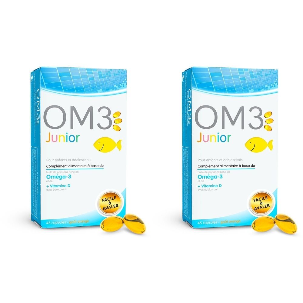 Deux boîtes OM3 Junior, emballage bleu avec logo poisson jaune. Contient Oméga-3 et vitamine D. Capsules à côté.
