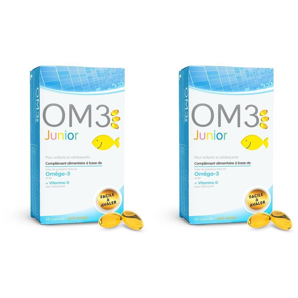 Deux boîtes OM3 Junior, emballage bleu avec logo poisson jaune. Contient Oméga-3 et vitamine D. Capsules à côté.