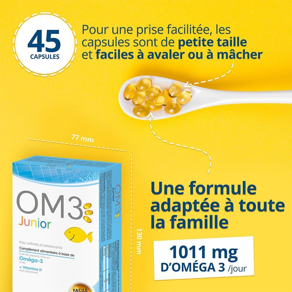 Boîte OM3 Junior avec dimensions. 45 capsules. Texte : 'Une formule adaptée à toute la famille'. 1011 mg d'Oméga-3 par jour.