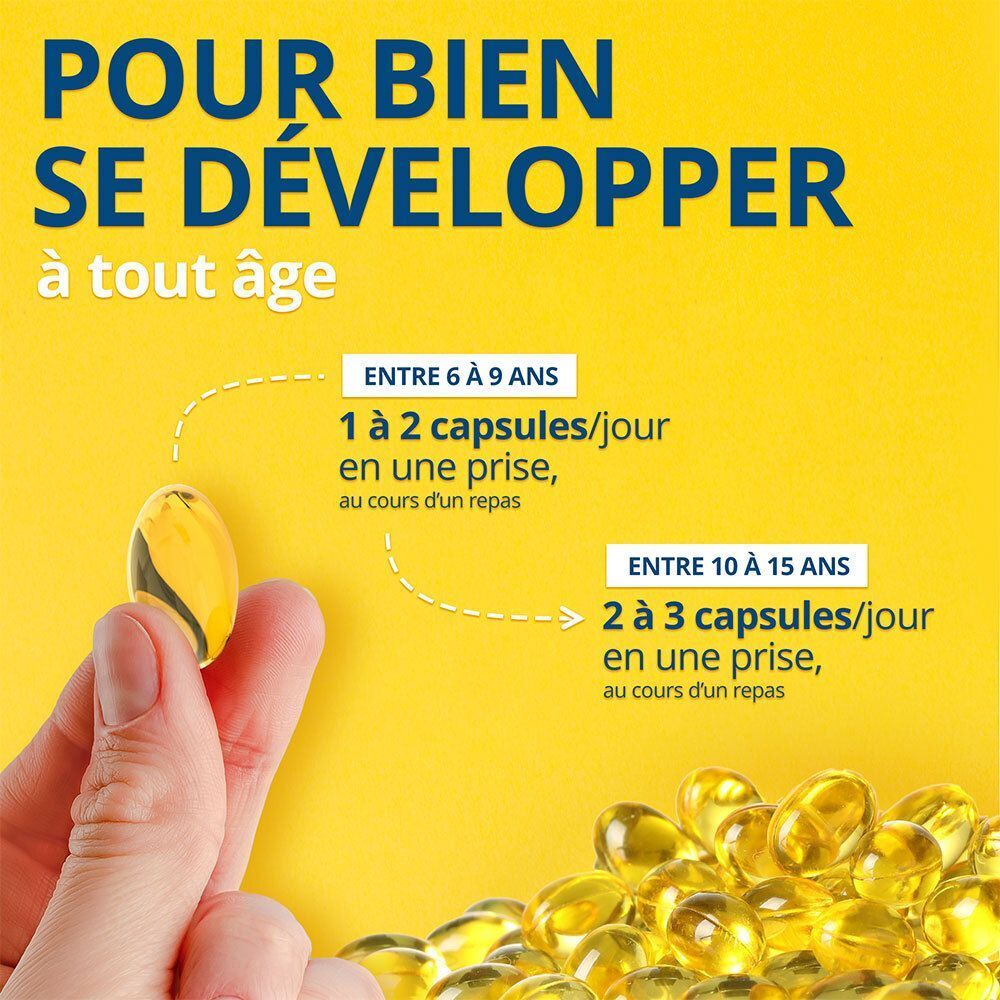 Main tenant une capsule. Recommandations de dosage : 6-9 ans : 1-2 capsules/jour. 10-15 ans : 2-3 capsules/jour. Capsules jaunes.