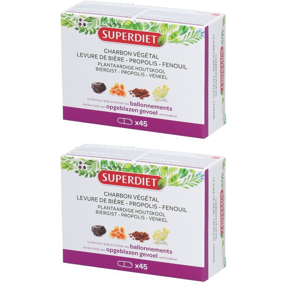 Deux boîtes de produit. Inscription: Superdiet, Charbon végétal, Levure de bière, Propolis, Fenouil. x45 gélules.