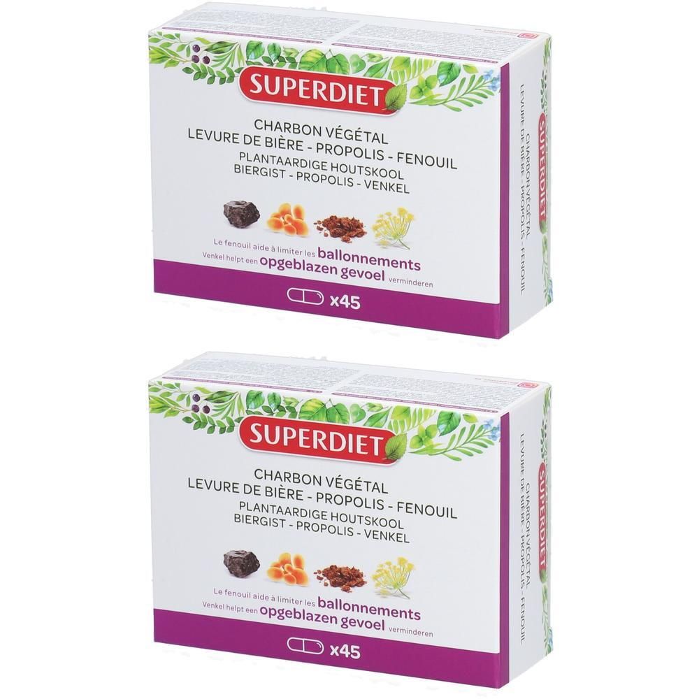Deux boîtes de produit. Inscription: Superdiet, Charbon végétal, Levure de bière, Propolis, Fenouil. x45 gélules.