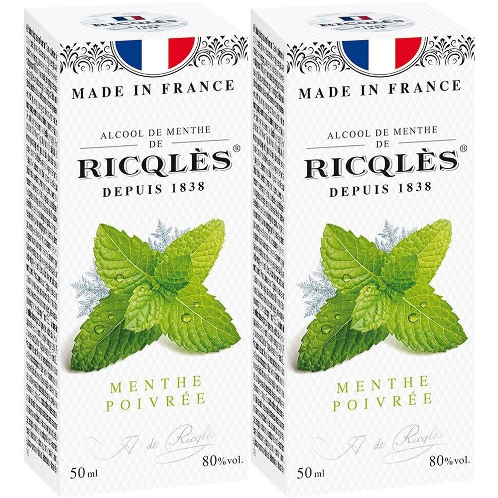 Deux boîtes avec produit. Inscription: ALCOOL DE MENTHE DE RICQLES, MENTHE POIVRÉE, 80% vol., Made in France.