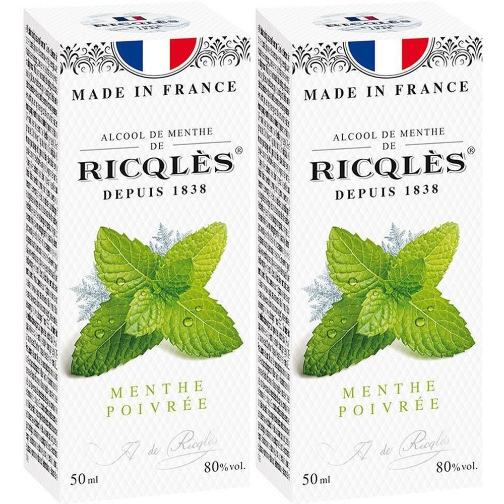 Deux boîtes de produit. Inscription : Made in France, Ricqlès, Alcool de Menthe, Depuis 1838, Menthe Poivrée, 80% vol.