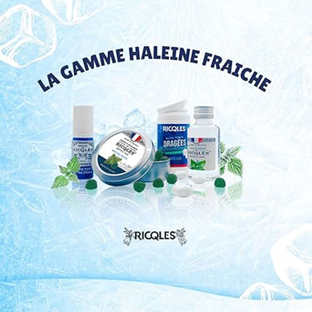 Différents produits. Inscription : La gamme haleine fraîche. Produits en flacons, boîte et dragées.