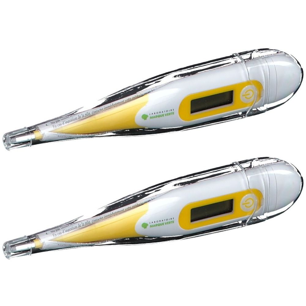 Deux thermomètres numériques à embout flexible dans étuis. Blanc, jaune et transparent. Avec écran.