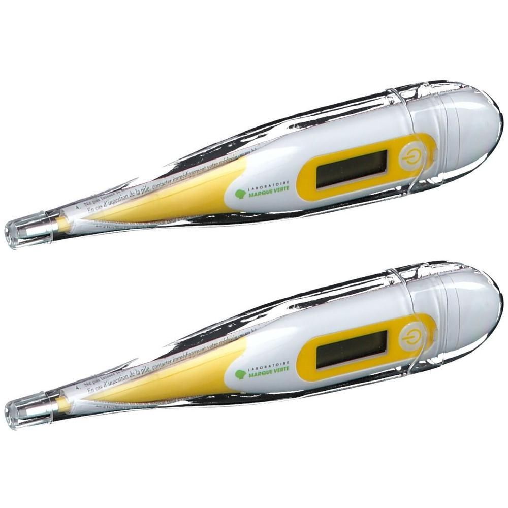 Deux thermomètres numériques à embout flexible dans étuis. Blanc, jaune et transparent. Avec écran.