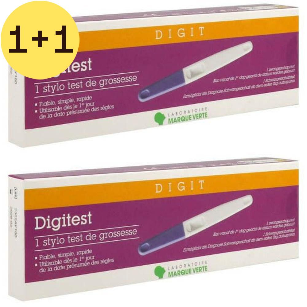 Deux boîtes de test de grossesse Digitest. Boîte violette et blanche avec stylo test. Logo Marque Verte.