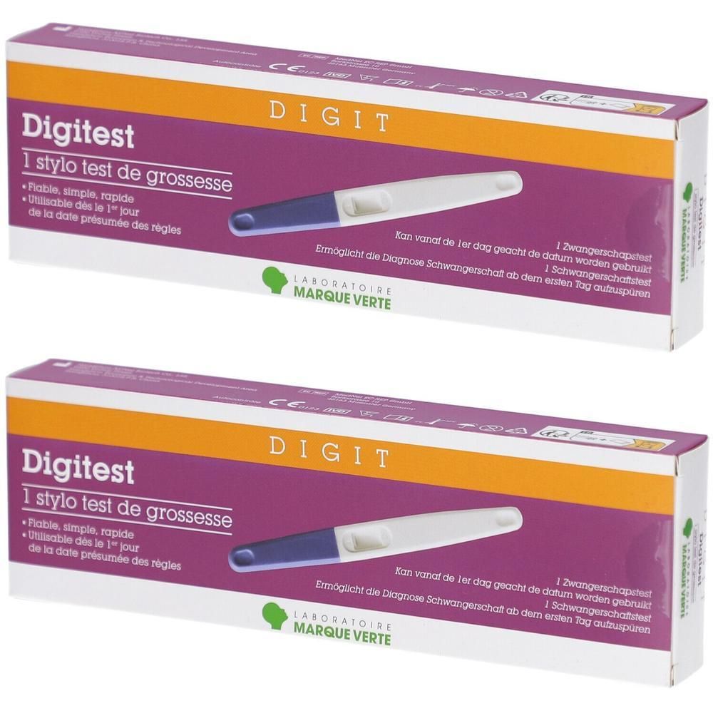 Deux boîtes de test de grossesse Digitest. Boîte violette et blanche avec stylo test. Logo Marque Verte.