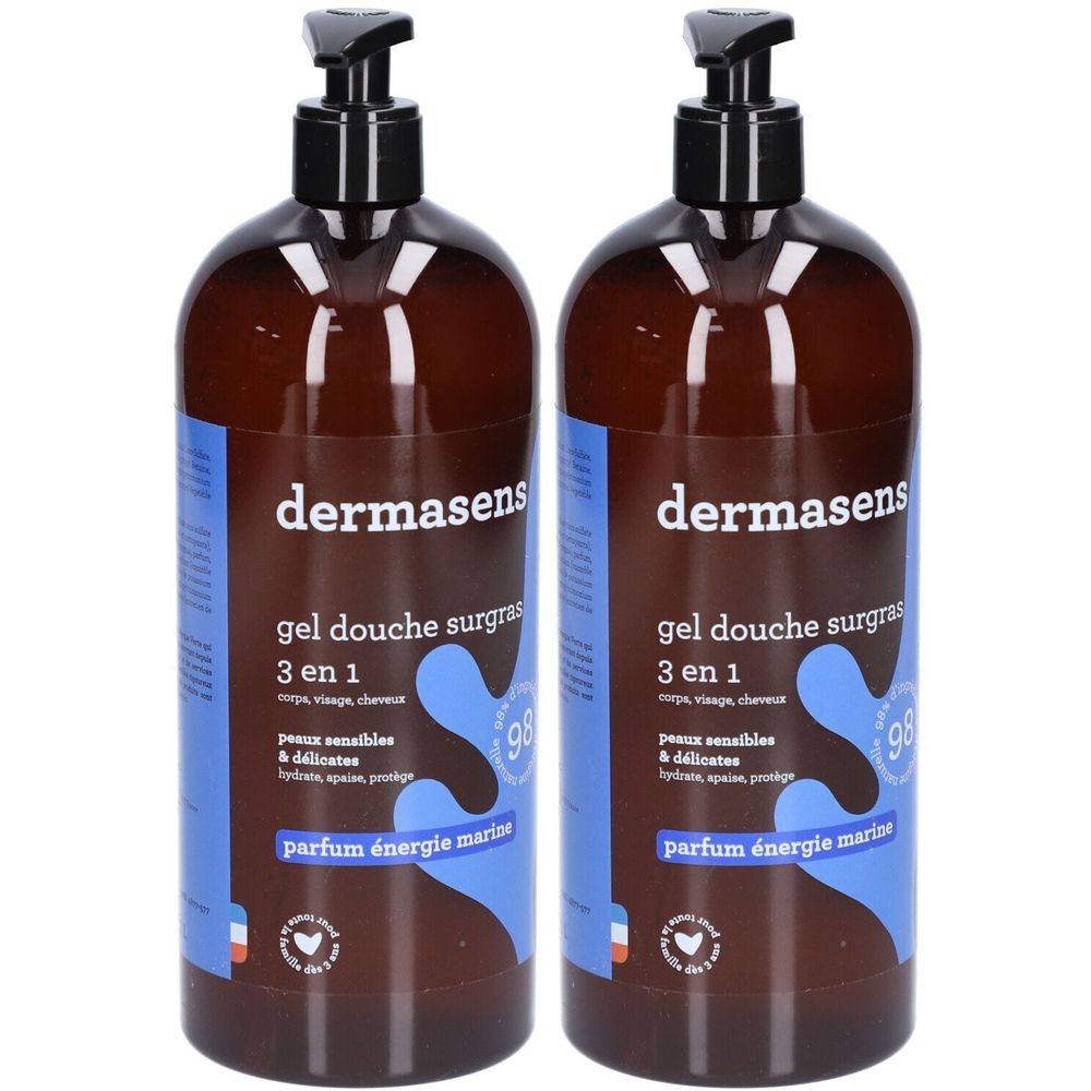 Deux flacons bruns avec pompes noires. Étiquettes bleues avec texte: dermasens, Gel Douche Surgras 3 en 1, Parfum Énergie Marine.