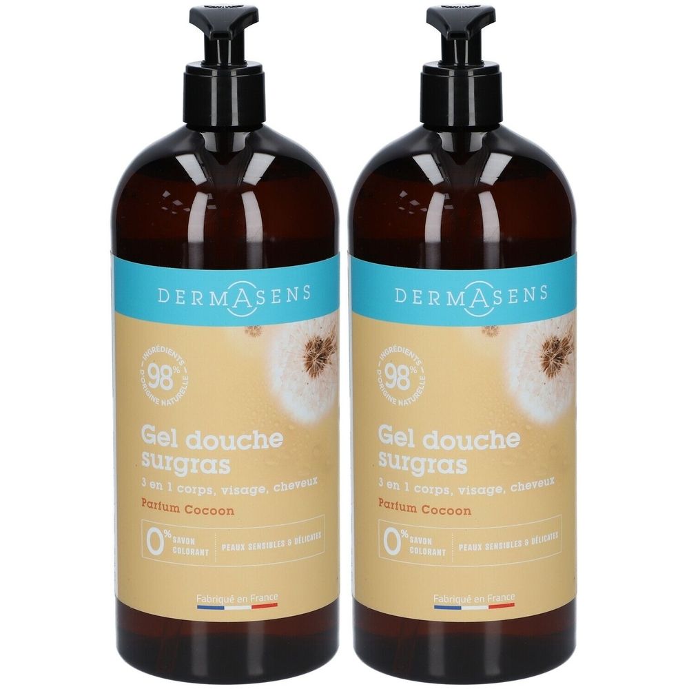 Deux flacons de gel douche avec pompe noire. Inscription: DERMASENS, Gel douche surgras, 3 en 1, Parfum Cocoon.