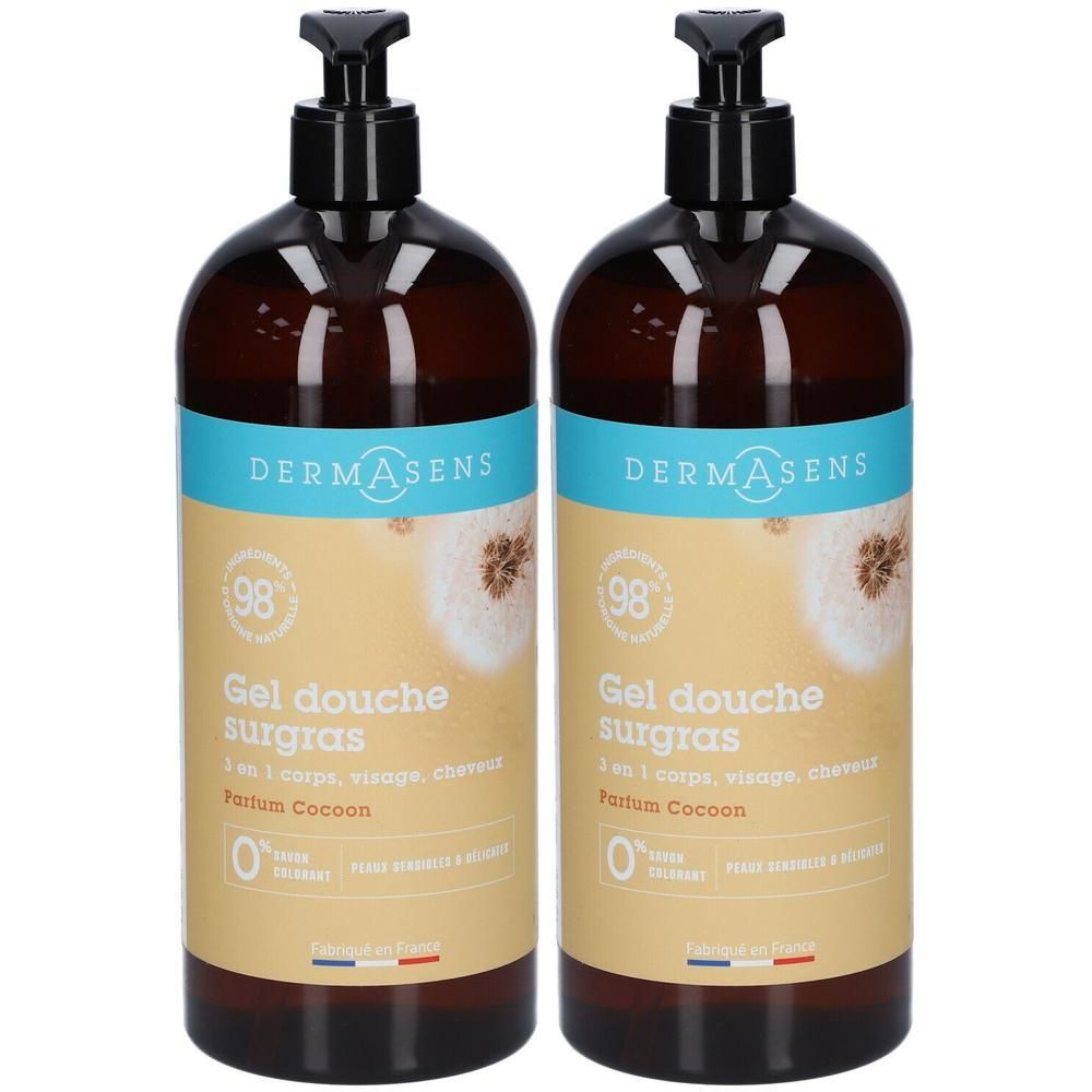 Deux flacons de gel douche avec pompe noire. Inscription: DERMASENS, Gel douche surgras, 3 en 1, Parfum Cocoon.