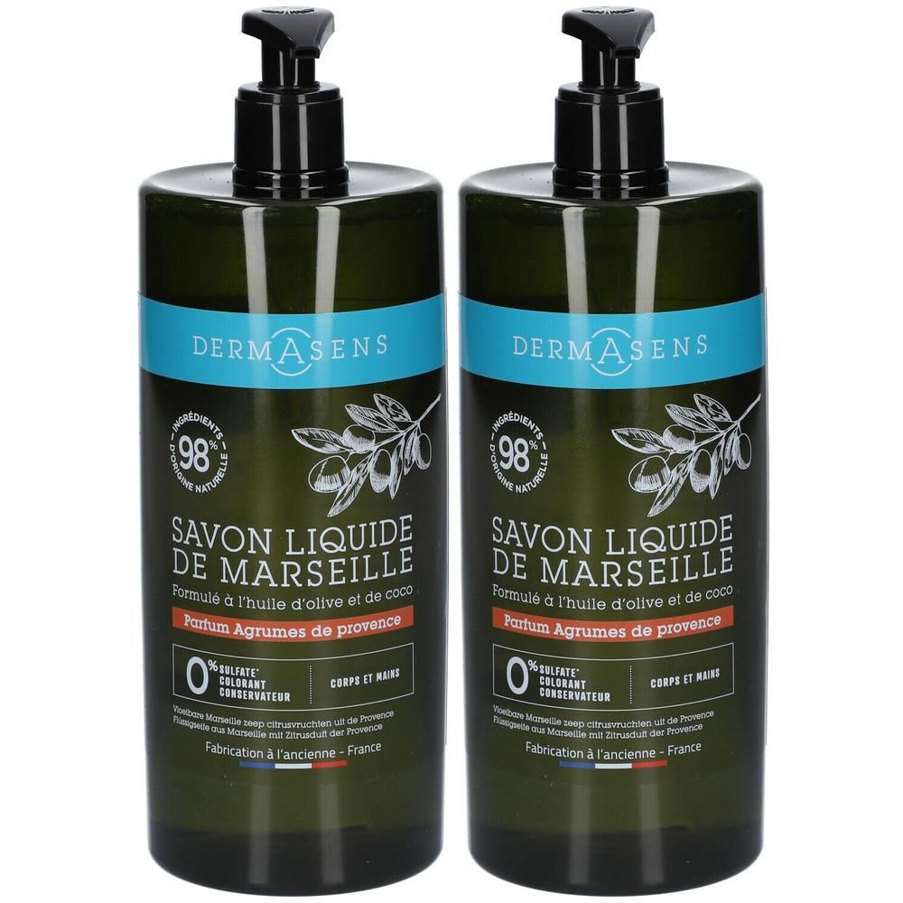 Deux flacons verts avec pompe noire. Inscription: DERMASENS, Savon Liquide de Marseille, Parfum Agrumes de provence.