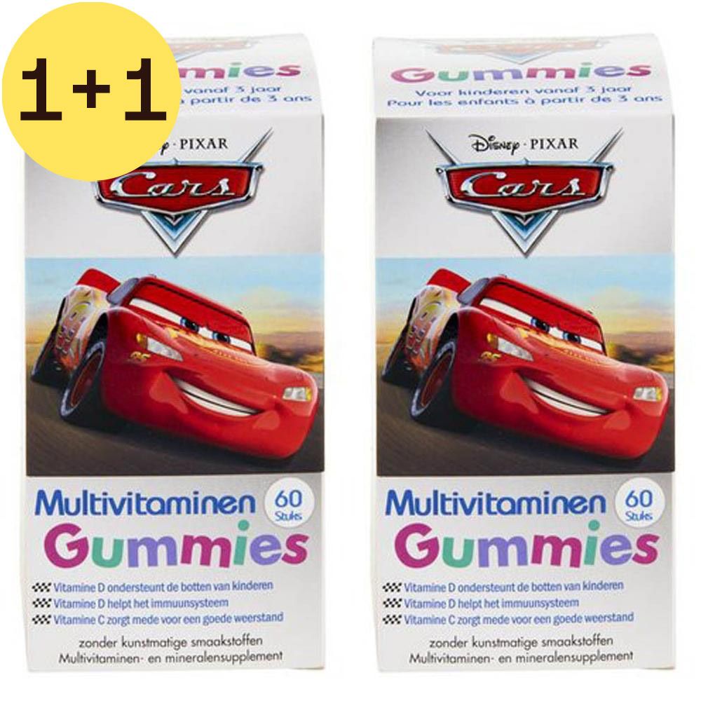 Deux boîtes de bonbons gélifiés multivitamines Disney Cars. Emballage blanc avec motif Cars et texte. Contient 60 pièces.