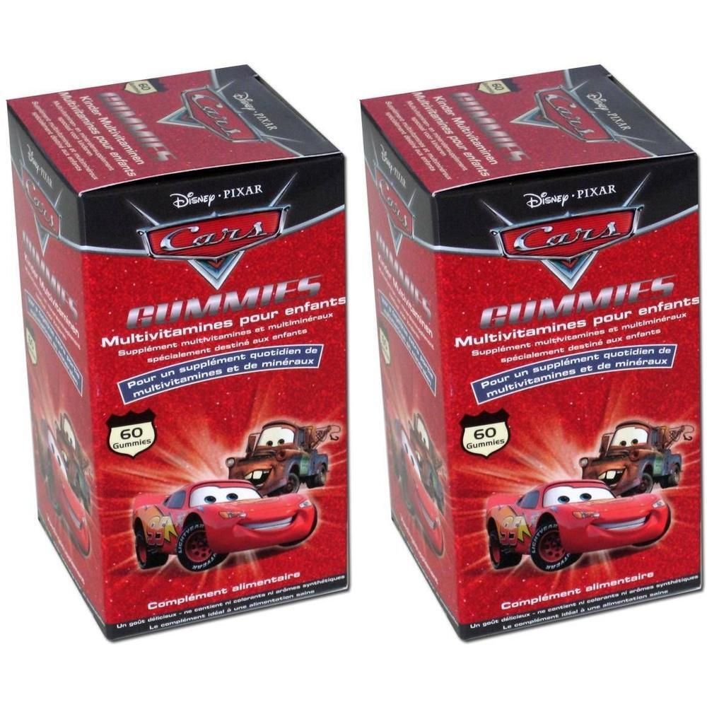 Deux boîtes de bonbons gélifiés Disney Cars. Emballage rouge avec des personnages Cars et du texte. Contient 60 gommes.