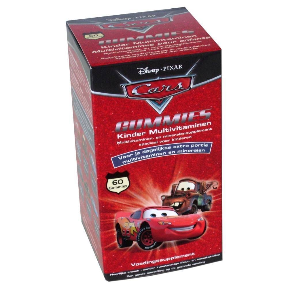 Une boîte de bonbons gélifiés Disney Cars. Emballage rouge avec des personnages Cars et du texte. Contient 60 gommes.